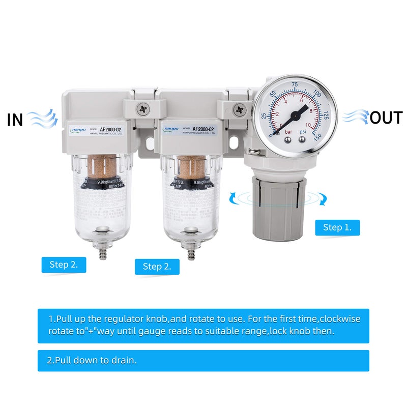 NANPU DFR-02 1/4" NPT Air Drying System - Double Air Filters, Air Pressure Regulator Combo - Semi-Auto Drain, Poly Bowl - Image 5